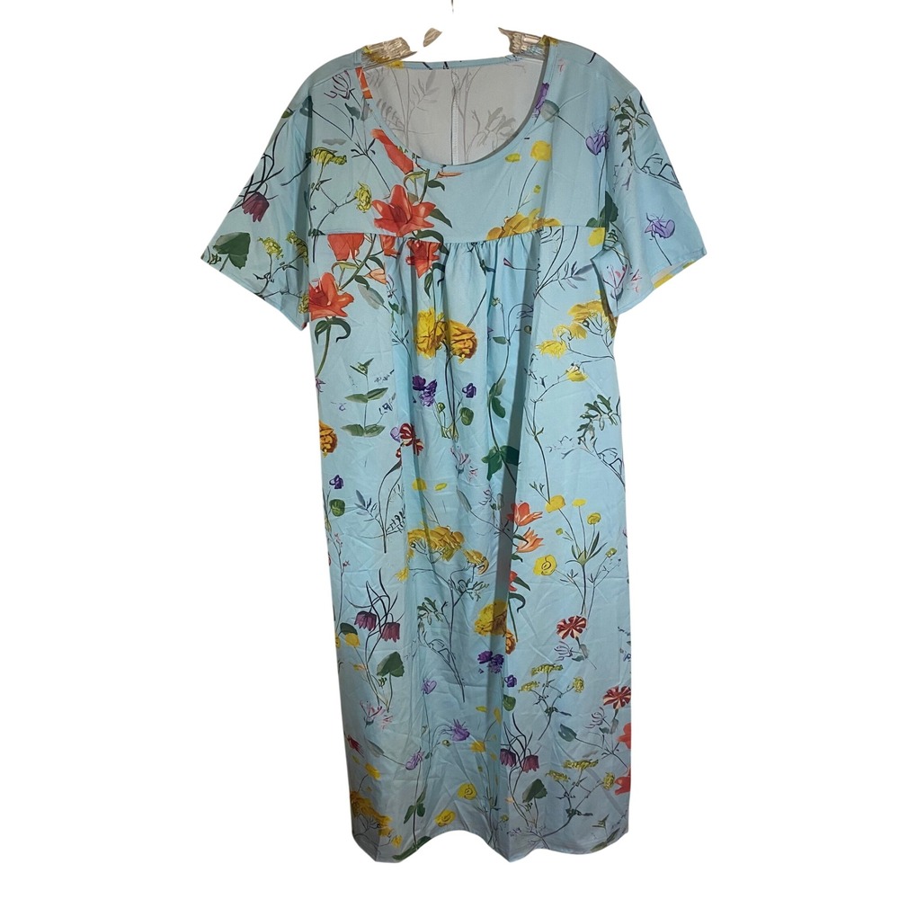 Womens Light Blue Floral Print Nightgown Short Sleeve Sleep Dress XL